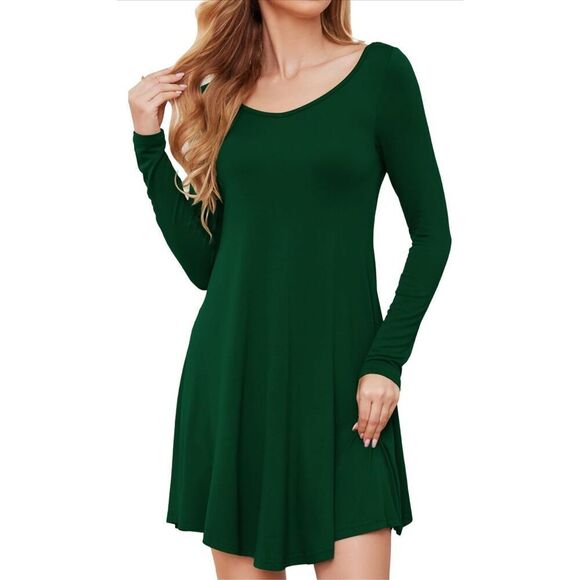 NEW Green T Shirt Long Sleeve V-Neck Casual Loose Flowy Swing Dress M - Picture 1 of 7